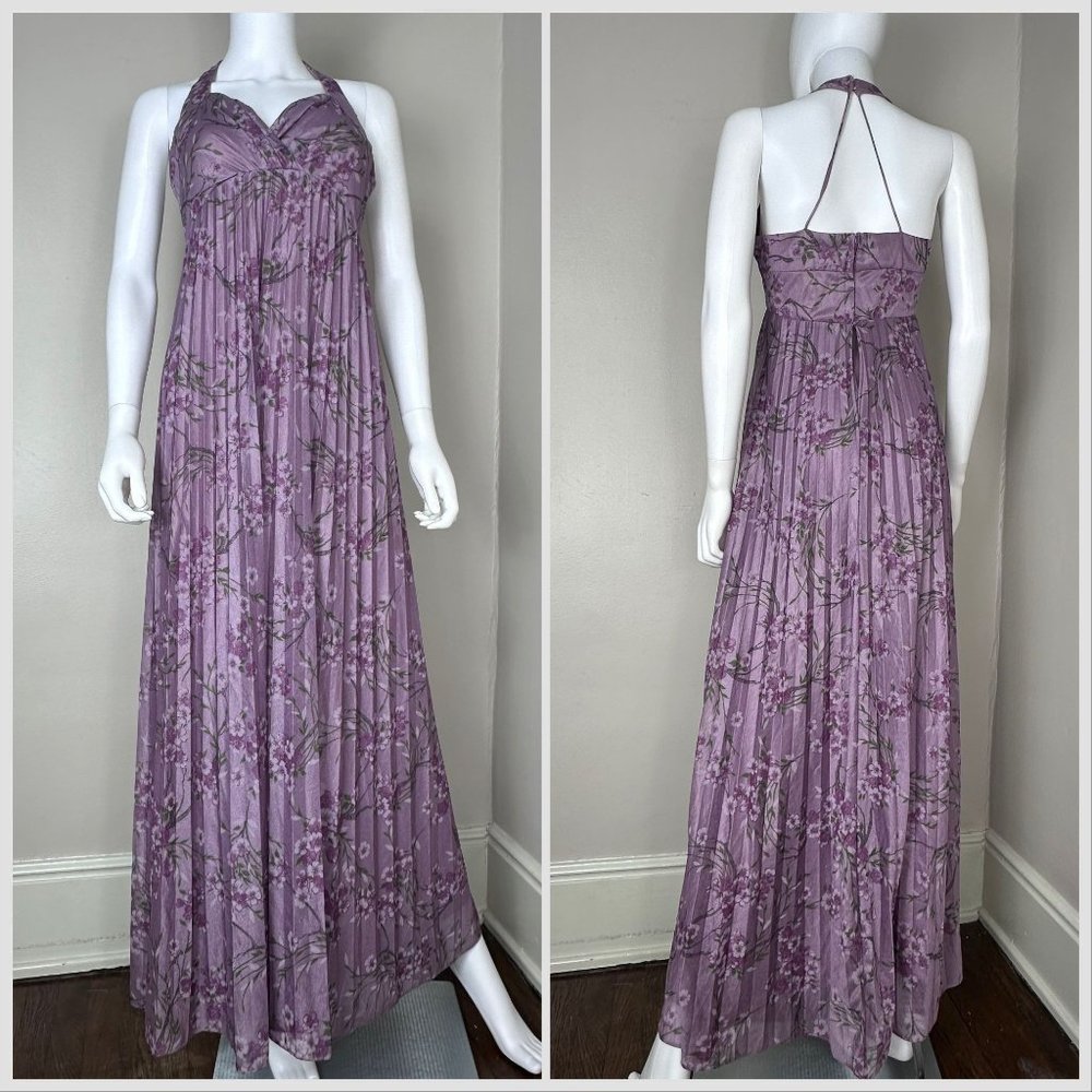 Vintage 1970s Purple Floral Halter Maxi Dress, Size XS